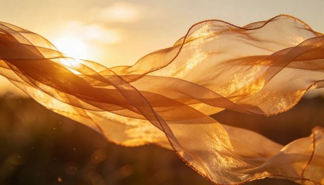 Billowing golden chiffon scarves catching warm sunset light over blurred meadow grasses