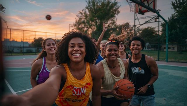 Friends Selfie on Basketball Court at Dusk Celebrating Team Spirit
