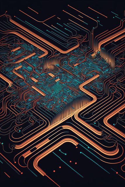 Image of computer circuit board and red light trails on dark background. Computing and data processing concept created using generative ai technology.