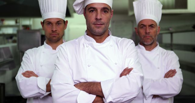 Experienced chefs standing confidently with arms crossed in modern restaurant kitchen, perfect for illustrating culinary expertise, team coordination in gourmet restaurant settings, food industry promotions, cooking classes, and culinary training materials.