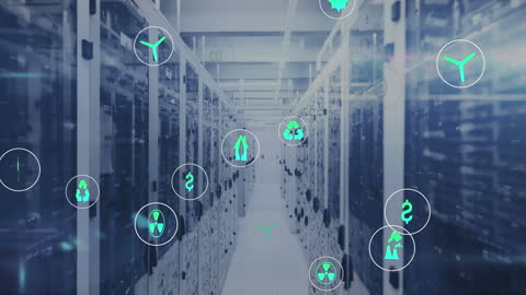Futuristic Data Center with Environmental Icons Overlay