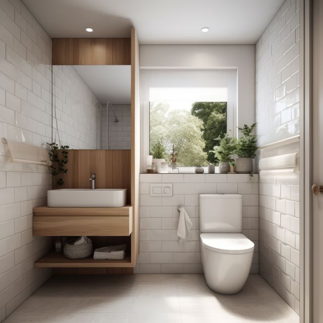 This image captures a modern bathroom highlighted by wooden elements and a fresh collection of indoor plants. White tiles add minimalistic and clean appeal. Perfect for illustrating home decor ideas, interior design layouts, small space optimization, or impeccable minimalist style inspiration.