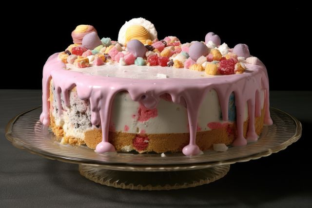 Ice cream cake with pink icing and sweets on top, created using generative ai technology. Cake, celebration, treat, sweet food and deserts concept digitally generated image.