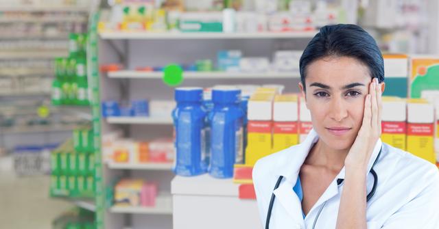 Female doctor pausing in pharmacy store surrounded by medicine shelves. Useful for illustrating healthcare environments, medical practice, pharmacy services, or health professional roles. Ideal for use by healthcare facilities, educational materials, or pharmaceutical marketing.