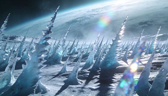 Glassy crystal spires rising on frozen alien plain with planet horizon and prismatic light