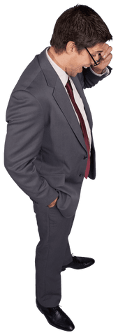 Transparent pensive businessman adjusting glasses wearing suit