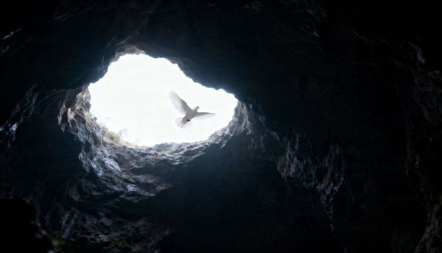 White dove soaring through sunlit circular cave opening with jagged rock rim