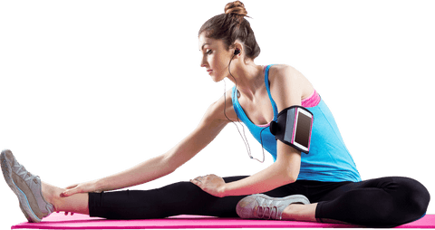 Young sportswoman stretching on pink mat transparency concept