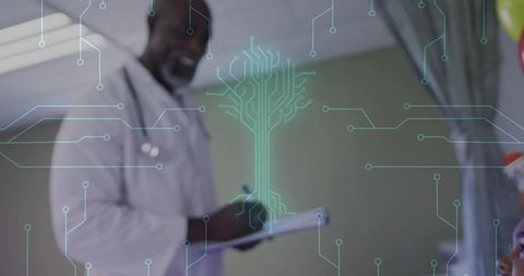 Pediatric doctor writing notes wearing white coat with digital health overlay in clinic
