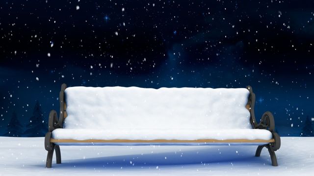 Snow-covered bench against a backdrop of starry night sky with gently falling snowflakes. Perfect for themes like winter, holiday, Christmas, outdoor tranquility. Suitable for seasonal greeting cards, winter-themed blogs, and social media posts about cold weather or outdoor relaxation.