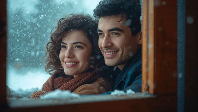 Romantic Couple Smiling in Cozy Cabin Snowfall