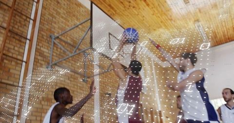 Jumping player holding basketball near hoop with digital overlay tracking motion