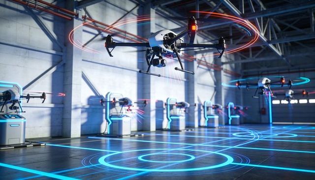 Industrial drones hovering in neon-lit hangar with charging docks and rotor light trails