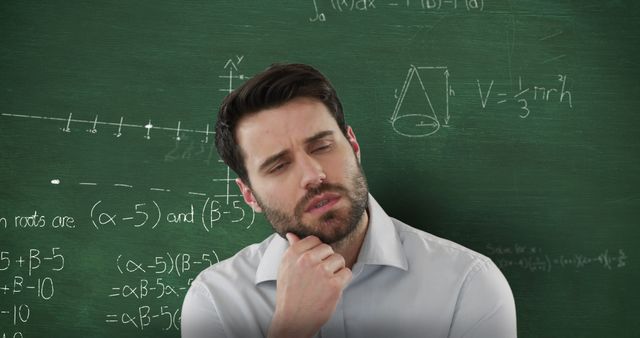 Image of confused Caucasian man seen in head and shoulders view looking up in front of blackboard with moving mathematical graphs and formulae written in chalk