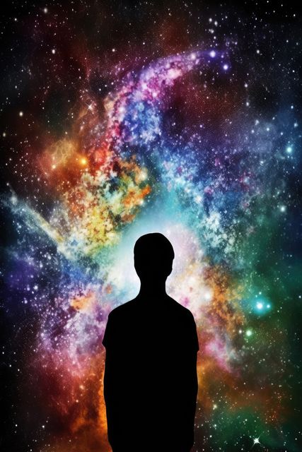 Silhouette of person gazing into a vibrant, colorful galaxy and nebula filled with stars. Ideal for use in depicting concepts of exploration, imagination, wonder, and the vastness of the universe, as well as for educational content about astronomy and space. Can be used in presentations, posters, digital art projects, background images, and motivational visuals emphasizing curiosity and the quest for knowledge.
