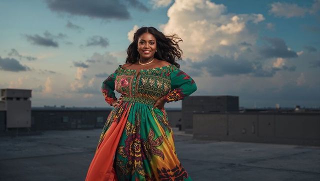 Elegant Woman in Colorful Floral Dress Smiling on Urban Rooftop
