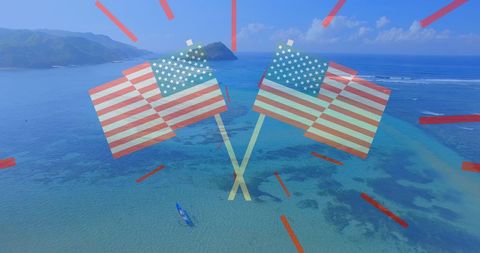 American Flags Overlooking Tropical Beachscape