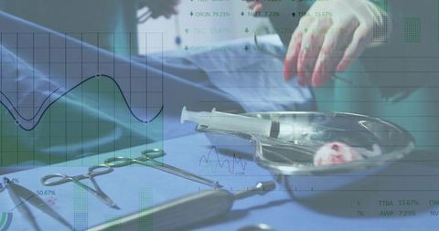 Surgeon grasping forceps over sterile instrument tray with syringe, analytics overlay