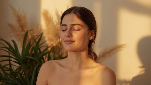 Young woman relaxing with closed eyes in sunlit minimalist interior with pampas grass