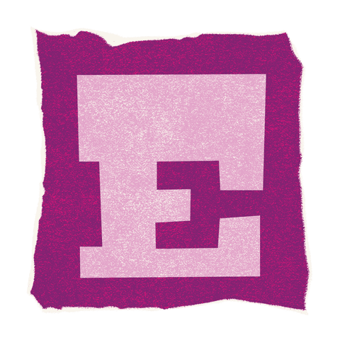 Abstract pixelated e in magenta torn-edge frame on transparent background