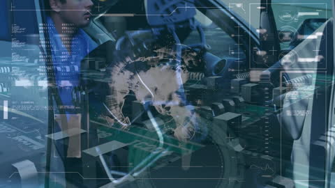 Futuristic Data Visualization Over Man Operating in Car Interior