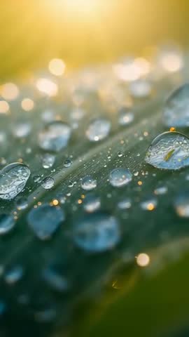 Vertical macro video featuring dew beads glinting on green leaf at golden hour with bokeh