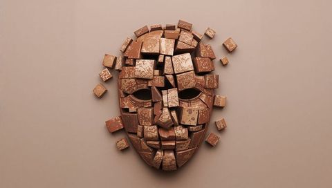 Fragmented terracotta mosaic face mask deconstructed ceramic tiles abstract sculpture