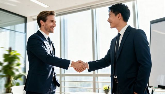Business partners shaking hands in modern office sealing agreement with friendly smiles