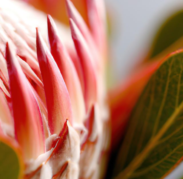 Close-up view of protea flower with vibrant red-orange petals and green leaves, showcasing textures and colors. Ideal for nature photography, botanical projects, floral decor, and horticultural studies.