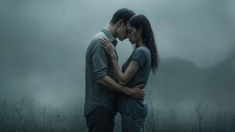 Romantic couple embracing in misty rainy landscape: a moment of love and forgiveness