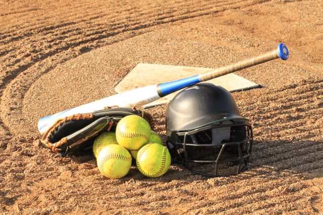 This image shows softball equipment laid out on a sandy field with a base in the background. Items include a bat, gloves, helmet, and softballs. Suitable for illustrating sports gear, recreational activities, and outdoor games. Ideal for use in sport blogs, equipment advertisements, and athletic tutorial content.