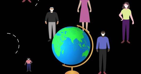 Masked individuals standing around globe in symbol of unity and health