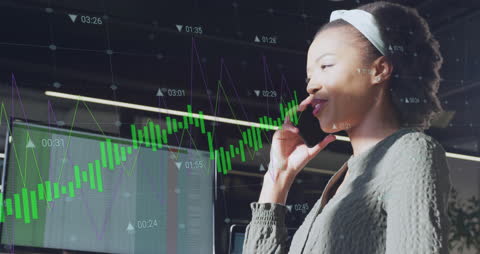 Businesswoman using Smartphone with Financial Graph Overlays