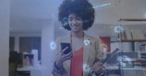 Smiling professional woman checking smartphone with augmented ui in modern office