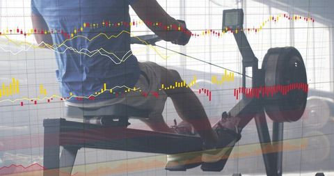 Man rowing on ergometer with financial charts overlay merging fitness and data analytics