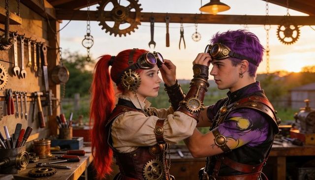 Steampunk couple adjusting brass goggles in rustic workshop at sunset with leather harness