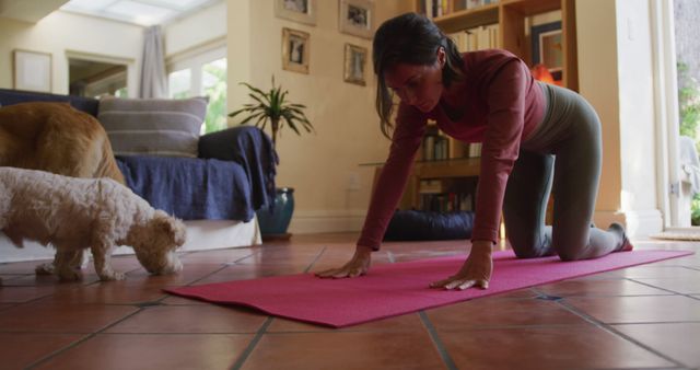 Caucasian woman practicing yoga with her pet dogs at home. lifestyle, fitness, pet, companionship and animal friendship concept.