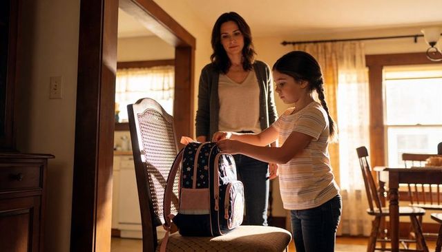 Mother watching daughter packing school backpack in sunlit kitchen morning routine