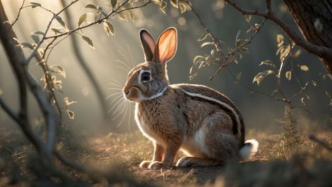 Wild cottontail rabbit resting in sunlit forest clearing