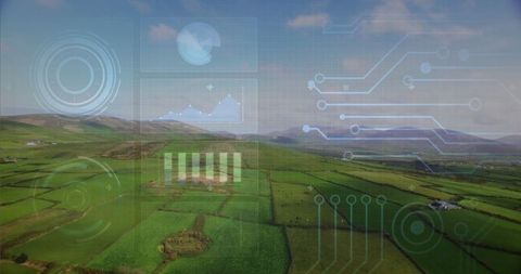 Futuristic data overlay on scenic farmland landscape
