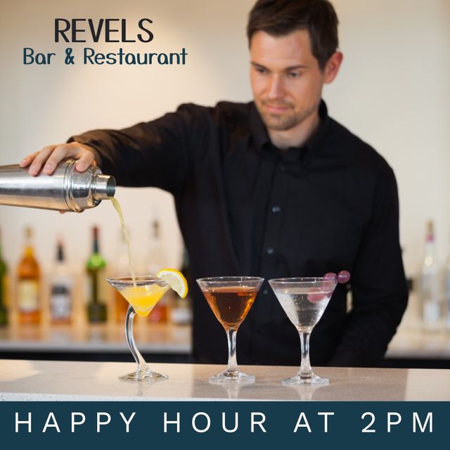 This visual can be utilized for advertisements, websites, and promotional materials for bars and restaurants. It is ideal for promoting happy hour deals, bartending services, or any establishment offering beverages. The image conveys a professional and inviting atmosphere, essential for attracting clientele to a bar or restaurant.