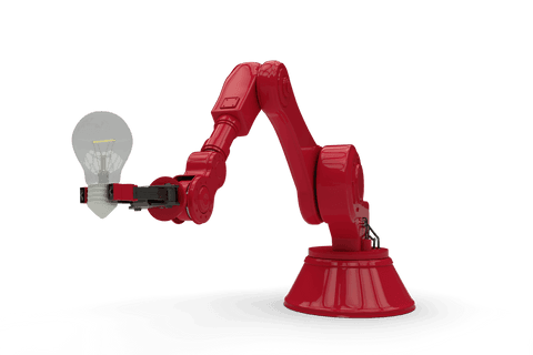 Transparent red robotic arm holding light bulb illustration