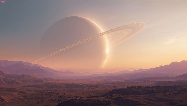 Dominating ringed gas giant hovering over alien valley at sunset