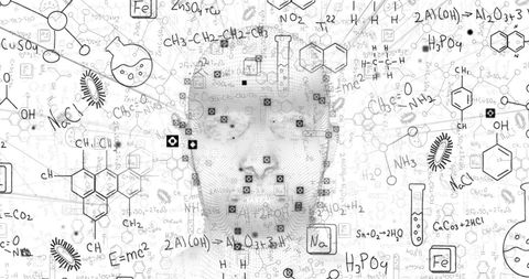 Human head among chemical symbols and formulas
