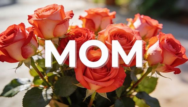Sunlit orange-red rose bouquet with bold mom text overlay for mother's day greeting