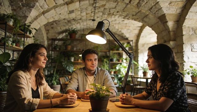 Three young professionals meeting at rustic stone cafe table under warm lamplight