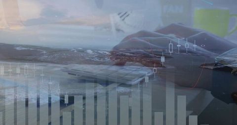 Typing hands analyzing candlestick charts with ocean double exposure on modern workspace