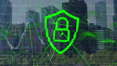 Futuristic Cybersecurity Animation Over Cityscape