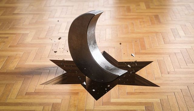Hovering metal crescent sculpture over star inlay on herringbone parquet floor minimalist art