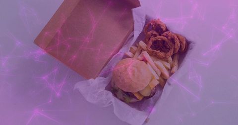 Featuring burger, fries and onion rings in cardboard box with purple network overlay